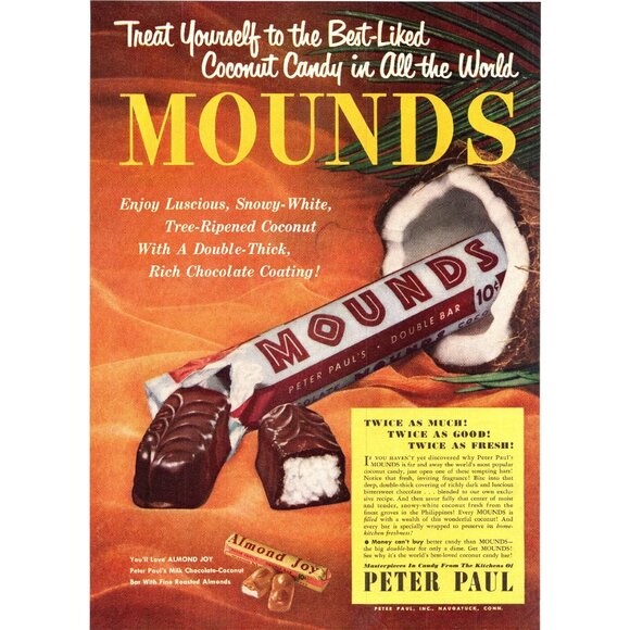 1950 Mounds and Almond Joy Coconut Chocolate Candy Bar Vintage Print Ad Wall Art - Picture 1 of 2